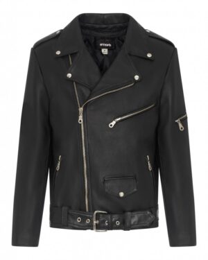 Ramoneska męska w kolorze czarnym z asymetrycznym zamkiem, kieszeniami na suwak i paskiem w talii