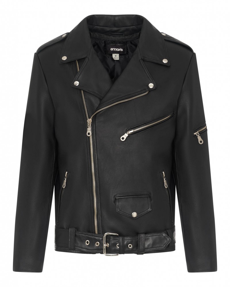 Ramoneska męska w kolorze czarnym z asymetrycznym zamkiem, kieszeniami na suwak i paskiem w talii