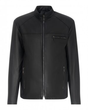 Kurtka skórzana męska w czarnym kolorze z wysokim kołnierzem i kieszeniami na suwak