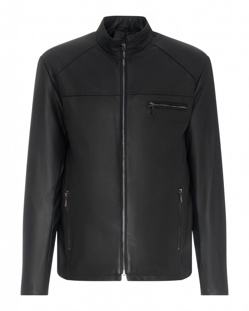 Kurtka skórzana męska w czarnym kolorze z wysokim kołnierzem i kieszeniami na suwak