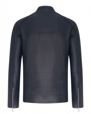 Kurtka skórzana męska w kolorze granatowym, z dopasowanym krojem i zamkami na rękawach