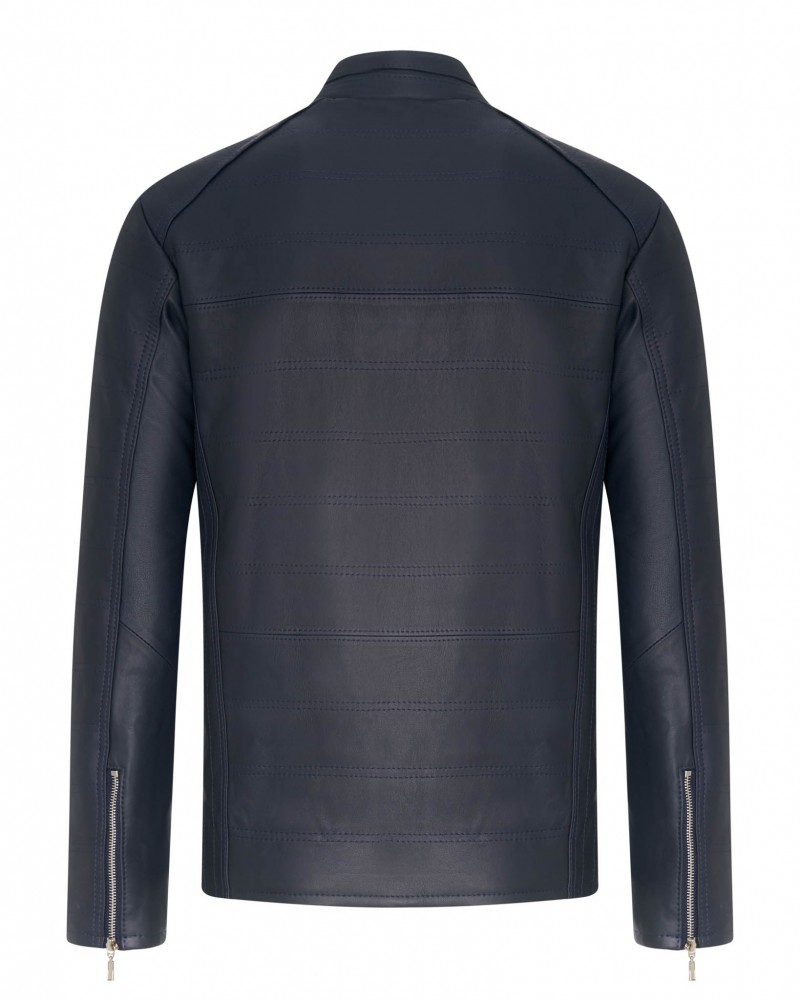 Kurtka skórzana męska w kolorze granatowym, z dopasowanym krojem i zamkami na rękawach