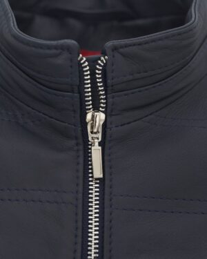 Kurtka skórzana męska w granatowym kolorze z zamkiem błyskawicznym i klasycznym kołnierzem