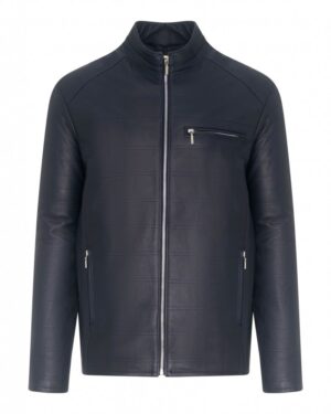 Kurtka skórzana męska w kolorze granatowym z klasycznym kołnierzem i zamkiem błyskawicznym z przodu