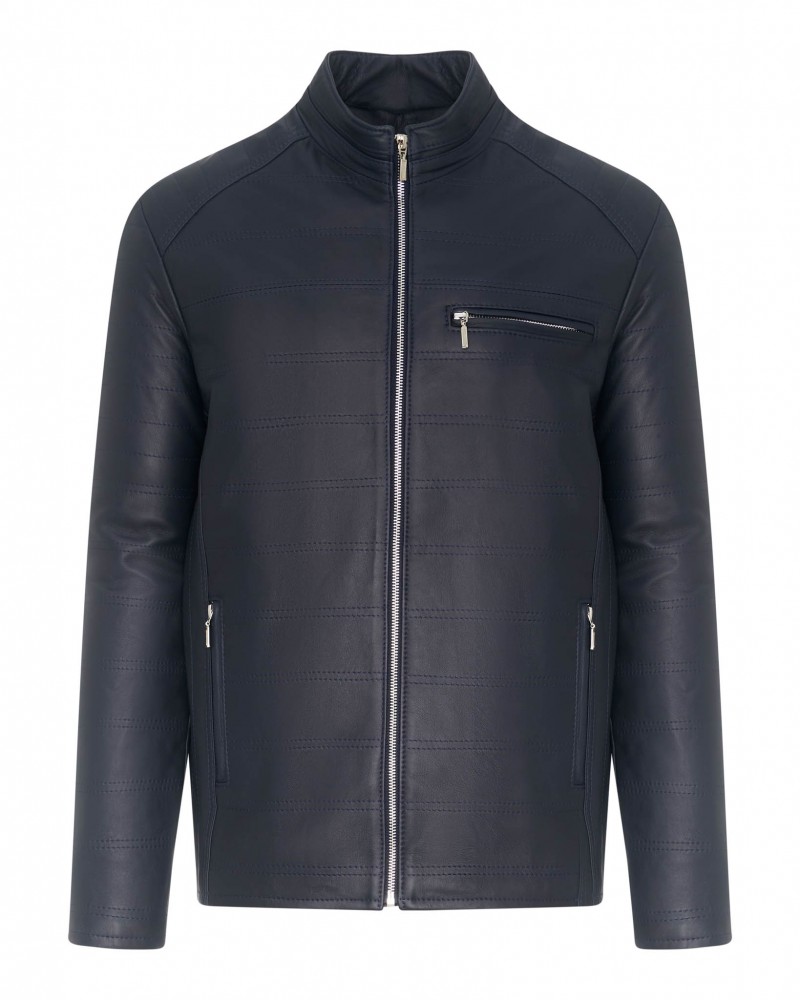 Kurtka skórzana męska w kolorze granatowym z klasycznym kołnierzem i zamkiem błyskawicznym z przodu