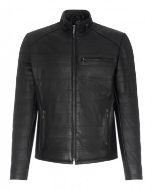 Kurtka skórzana męska w kolorze czarnym z poziomymi przeszyciami i zapięciem na zamek błyskawiczny
