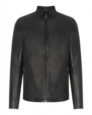Kurtka skórzana męska w kolorze czarnym, z wysokim kołnierzem i zamkiem błyskawicznym po całości