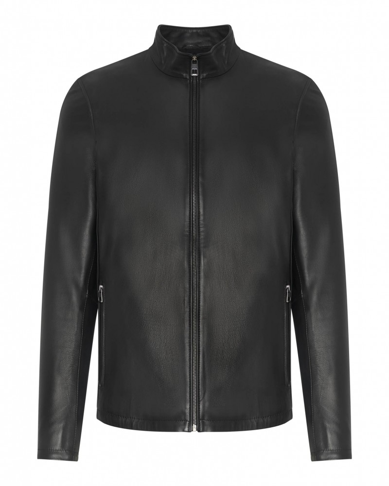 Kurtka skórzana męska w kolorze czarnym, z wysokim kołnierzem i zamkiem błyskawicznym po całości