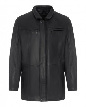 Kurtka skórzana męska w kolorze czarnym z kołnierzem, z zamkami i kieszeniami po bokach
