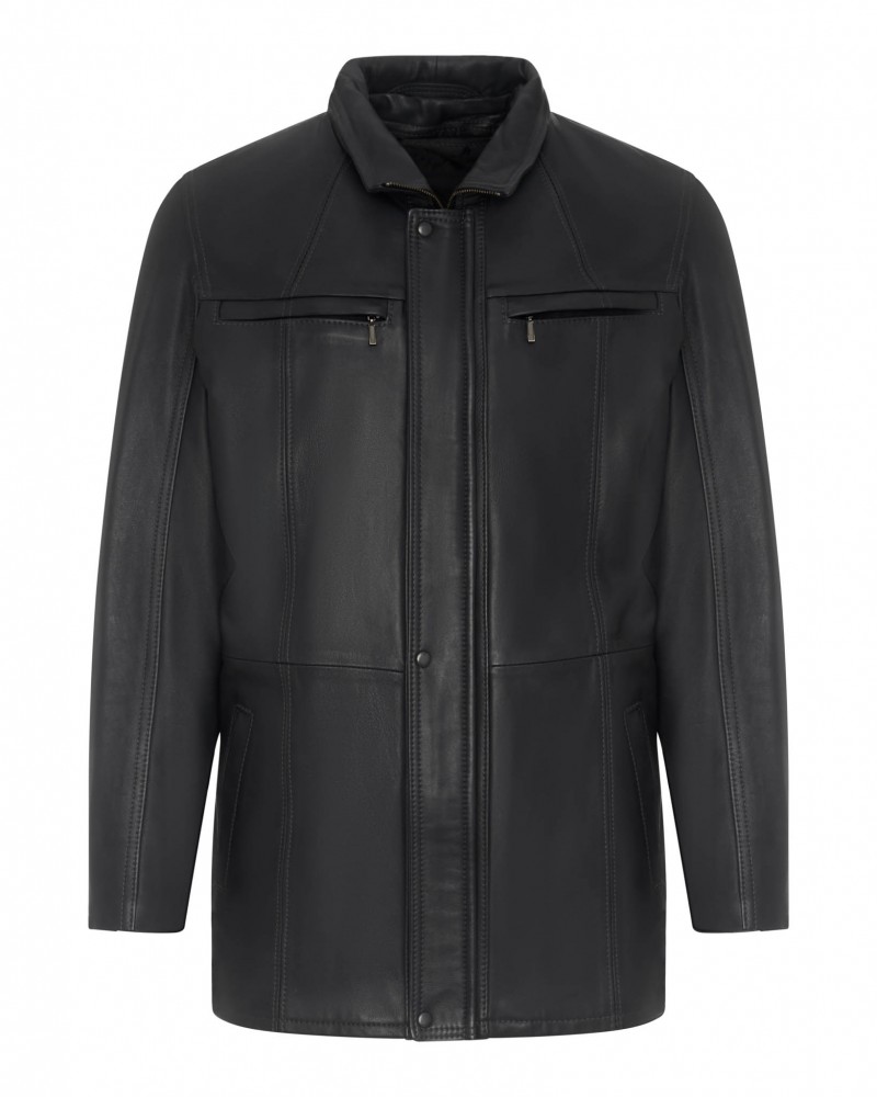 Kurtka skórzana męska w kolorze czarnym z kołnierzem, z zamkami i kieszeniami po bokach
