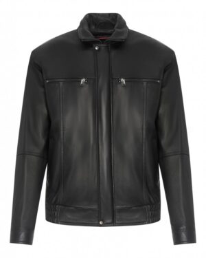 Kurtka skórzana męska w kolorze czarnym z dwoma kieszeniami na zamek i kołnierzem typu stójka