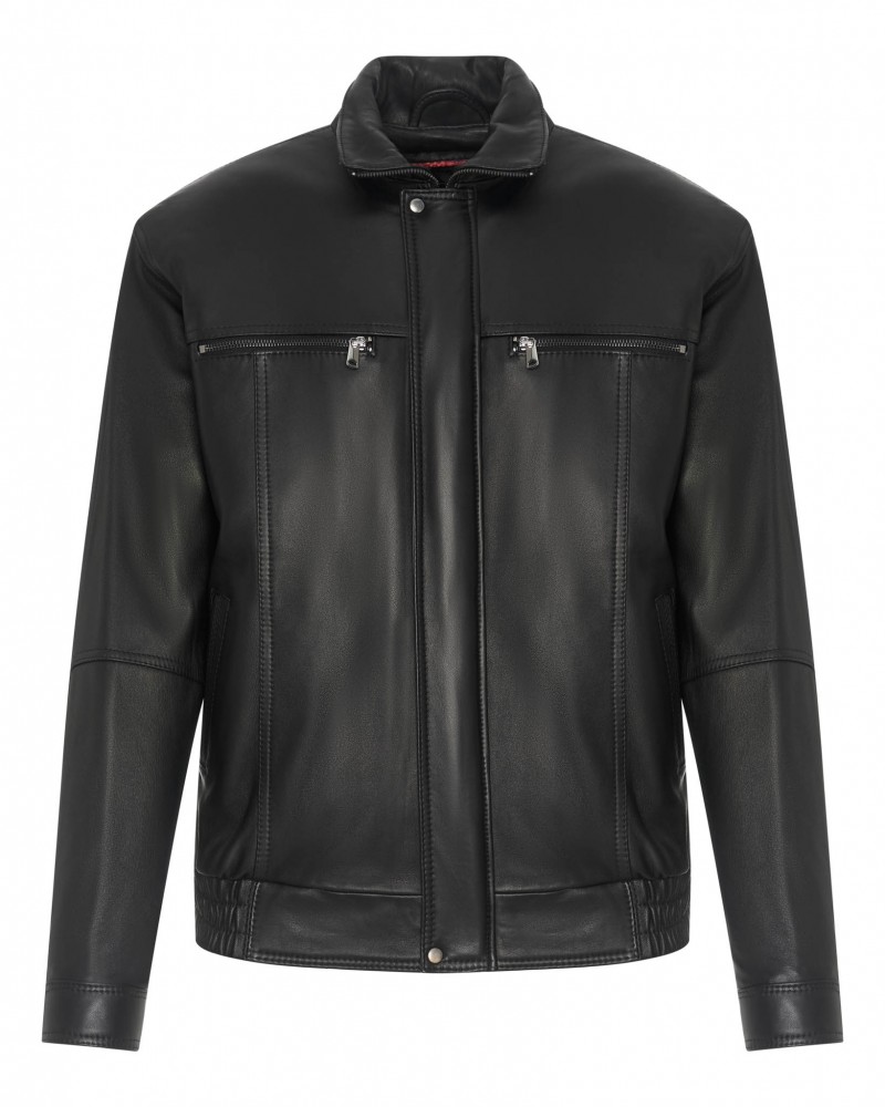 Kurtka skórzana męska w kolorze czarnym z dwoma kieszeniami na zamek i kołnierzem typu stójka