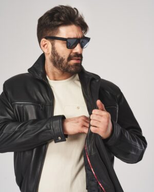 Kurtka skórzana męska z zamkiem, kieszeniami i eleganckim kołnierzem, idealna na zimowe dni