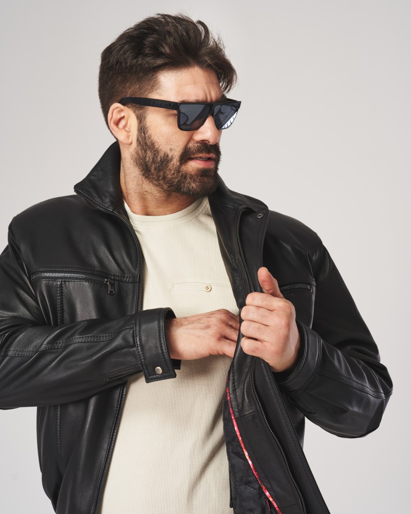 Kurtka skórzana męska z zamkiem, kieszeniami i eleganckim kołnierzem, idealna na zimowe dni