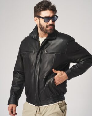 Kurtka skórzana męska w kolorze czarnym, z kieszeniami, kołnierzem i elastycznym dołem