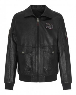 Kurtka lotnicza w kolorze czarnym z kołnierzem, suwakami i kieszeniami na przodzie