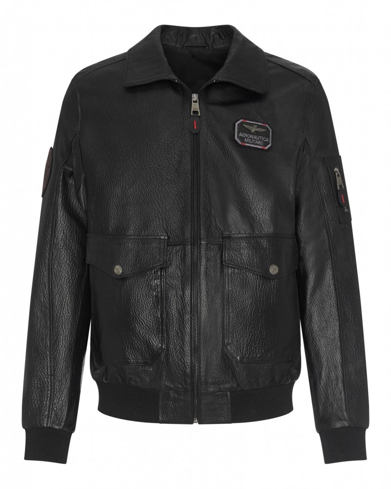 Kurtka lotnicza w kolorze czarnym z kołnierzem, suwakami i kieszeniami na przodzie