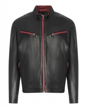 Kurtka skórzana męska w kolorze czarnym z czerwonymi zamkami i stójką, idealna na zimowe dni