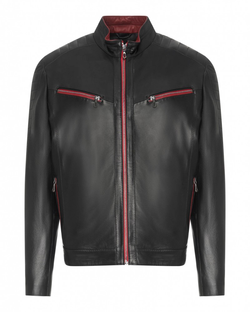 Kurtka skórzana męska w kolorze czarnym z czerwonymi zamkami i stójką, idealna na zimowe dni