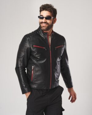 Kurtka skórzana męska w kolorze czarnym z czerwonymi detalami, klasyczny krój z zamkami i kieszeniami