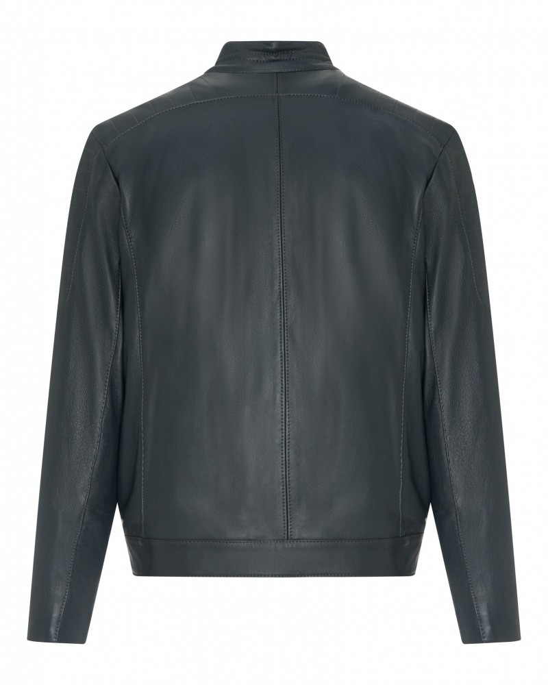Kurtka skórzana męska w ciemnoszarym kolorze, klasyczny krój z prostym kołnierzem i długimi rękawami