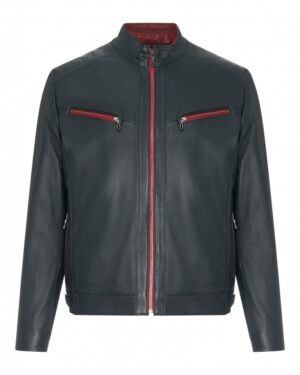 Kurtka skórzana męska w ciemnym odcieniu z czerwonymi zamkami i kołnierzem typu stójka