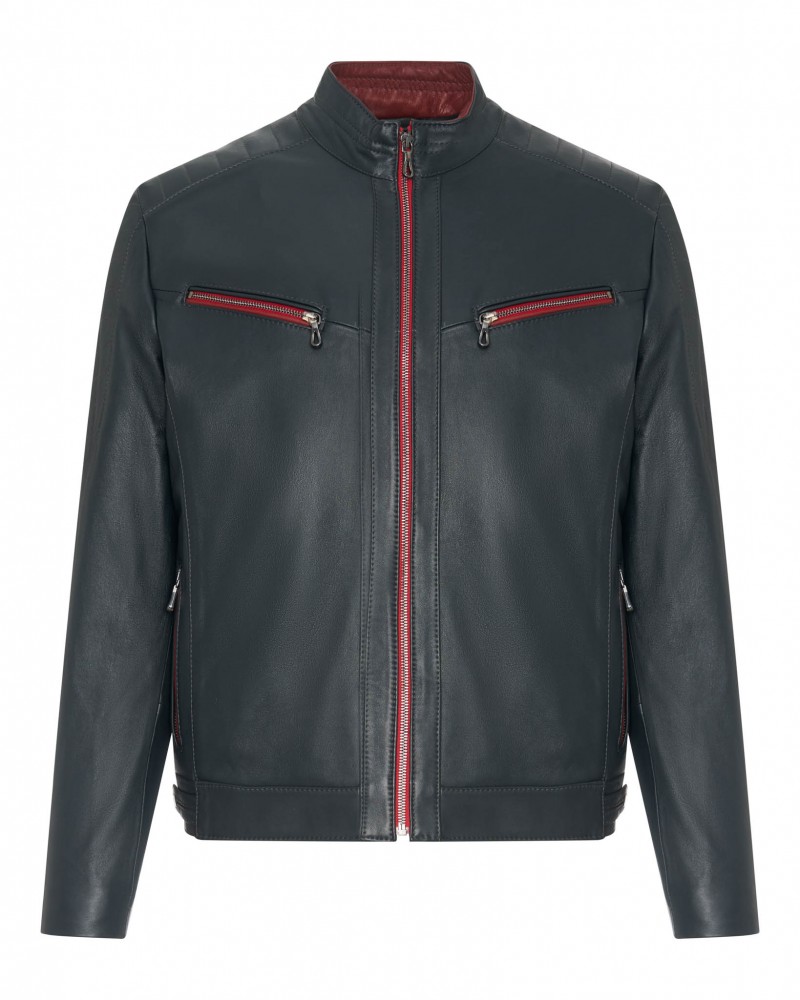 Kurtka skórzana męska w ciemnym odcieniu z czerwonymi zamkami i kołnierzem typu stójka