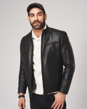 Męska kurtka skórzana w kolorze czarnym, z zamkiem, kieszeniami i prostym krojem, idealna na zimowe dni