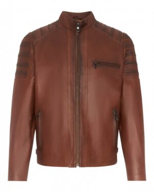 Kurtka skórzana męska w brązowym kolorze z prostym krojem i ozdobnymi przeszyciami na ramionach