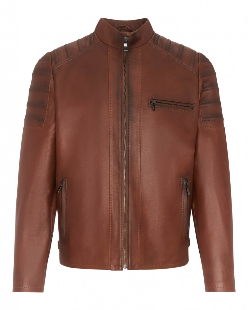 Kurtka skórzana męska w brązowym kolorze z prostym krojem i ozdobnymi przeszyciami na ramionach