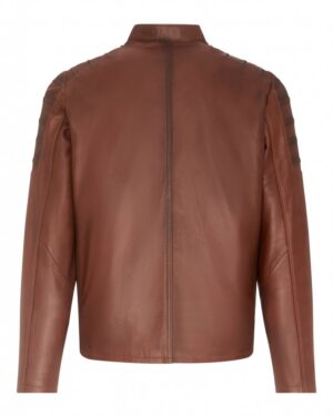 kurtka skórzana męska w kolorze brązowym z minimalistycznym krojem i stójką na szyi