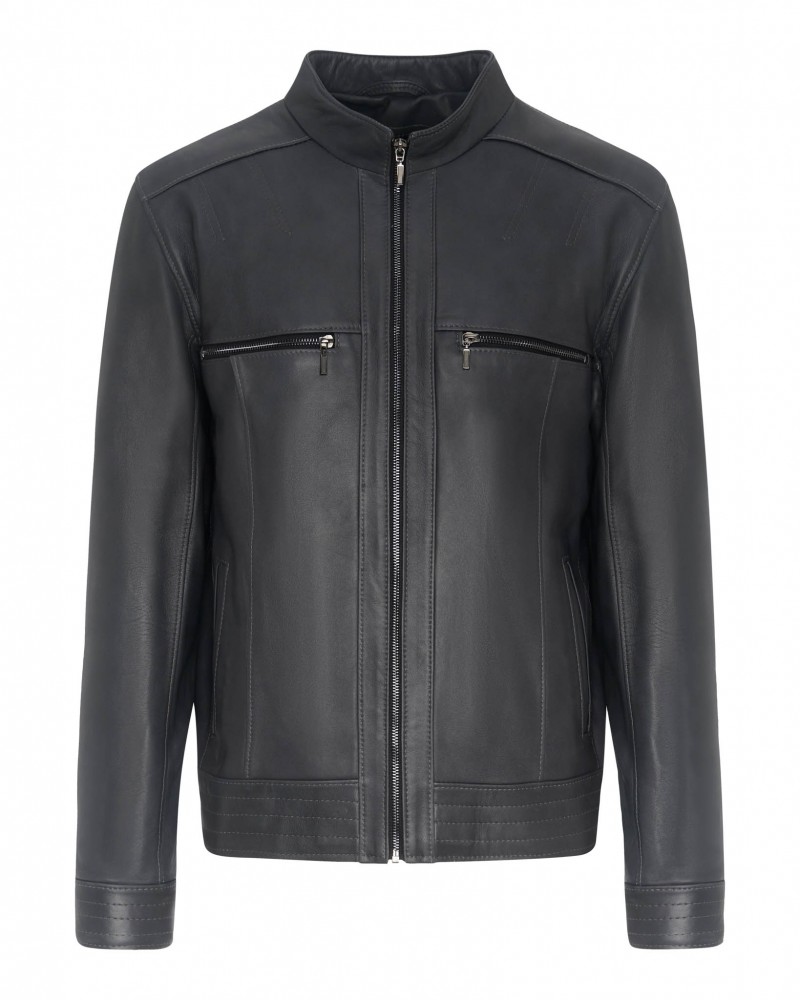 Kurtka skórzana męska w kolorze czarnym z zamkami, kołnierzem i prostym krojem idealna na zimę