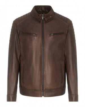 Kurtka skórzana męska w brązowym kolorze, z prostym krojem i zapinana na zamek, z kieszeniami na przodzie