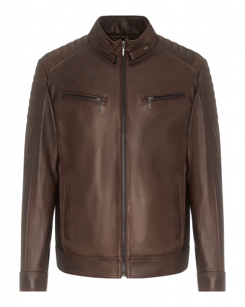 Kurtka skórzana męska w brązowym kolorze, z prostym krojem i zapinana na zamek, z kieszeniami na przodzie