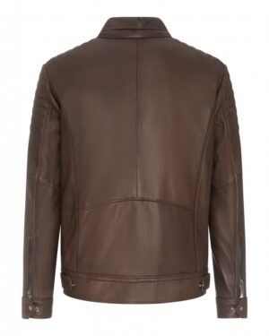 Kurtka skórzana męska w ciemnobrązowym kolorze z przeszyciami na rękawach i zapięciem na zamek