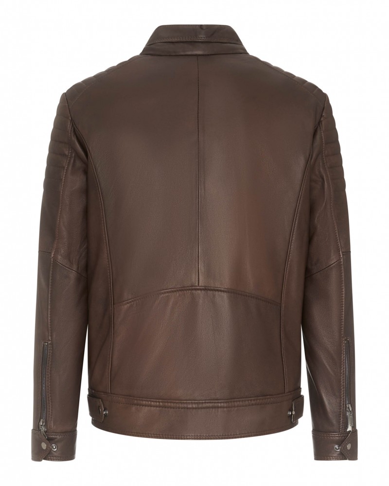 Kurtka skórzana męska w ciemnobrązowym kolorze z przeszyciami na rękawach i zapięciem na zamek