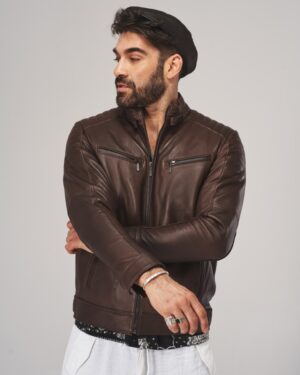 Kurtka skórzana męska w ciemnym brązie z zamkiem, kieszeniami na piersi i eleganckim wykończeniem