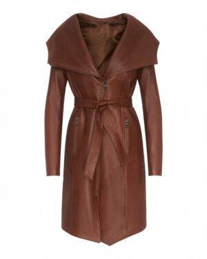 Płaszcz skórzany damski w kolorze brązowym z szerokim kołnierzem i paskiem w talii