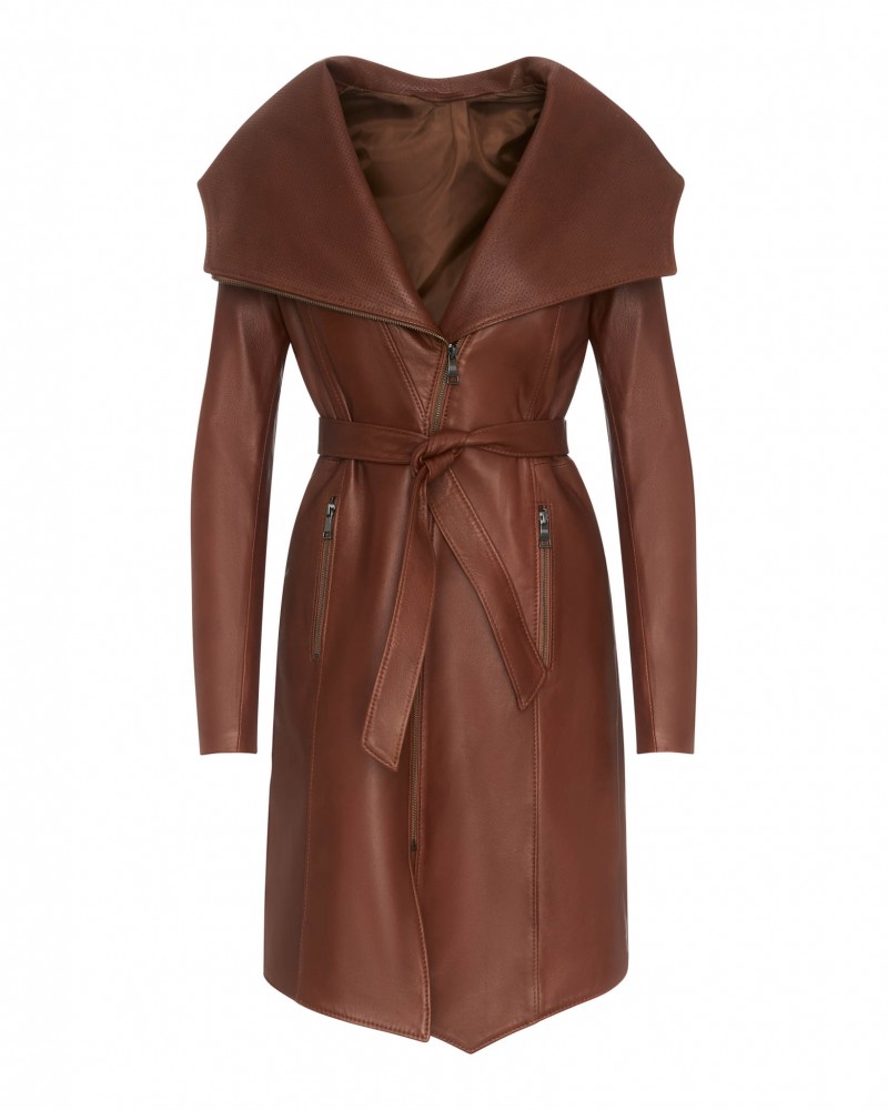 Płaszcz skórzany damski w kolorze brązowym z szerokim kołnierzem i paskiem w talii