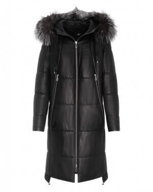 Płaszcz skórzany damski w kolorze czarnym z kapturem, futrzanym wykończeniem i zamkiem błyskawicznym, idealna na zimowe dni
