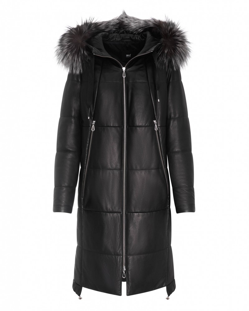 Płaszcz skórzany damski w kolorze czarnym z kapturem, futrzanym wykończeniem i zamkiem błyskawicznym, idealna na zimowe dni