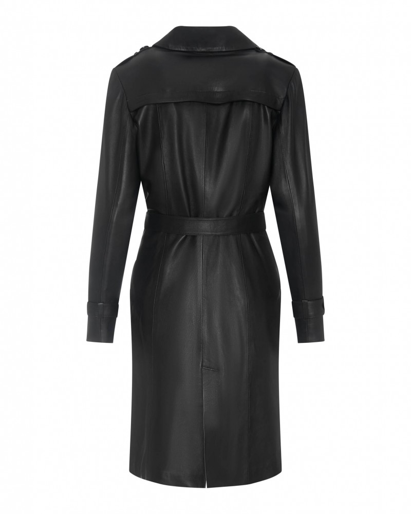 Płaszcz skórzany damski w kolorze czarnym z paskiem w talii, długim rękawem i klasycznym kołnierzem