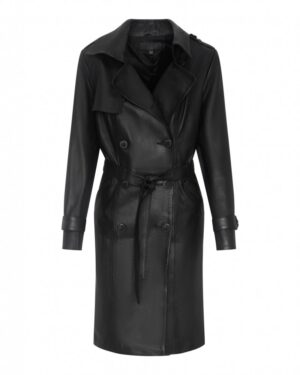 Płaszcz skórzany damski w kolorze czarnym z szerokim kołnierzem i paskiem w talii, klasyczny krój z guzikami
