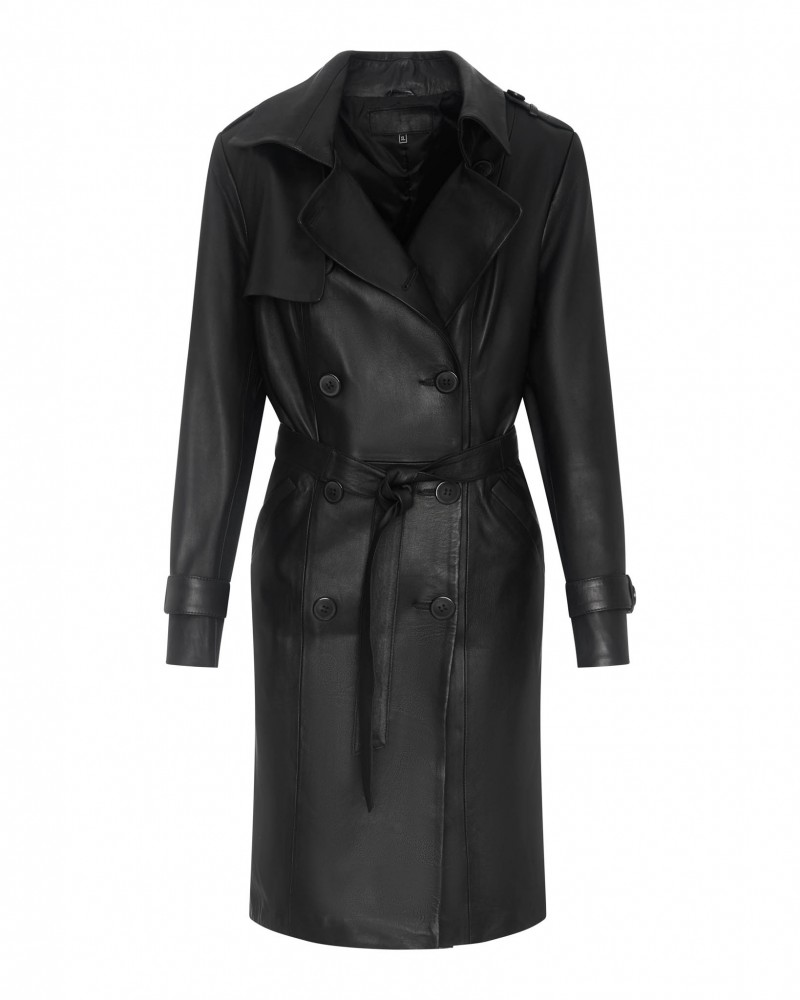 Płaszcz skórzany damski w kolorze czarnym z szerokim kołnierzem i paskiem w talii, klasyczny krój z guzikami