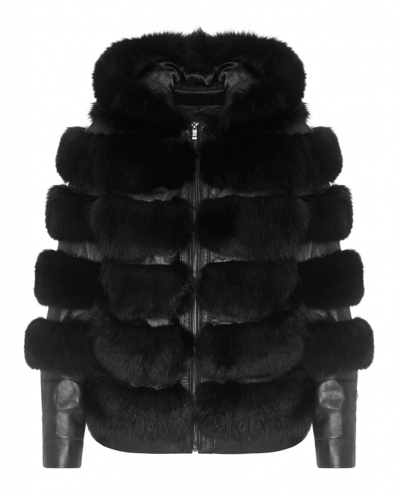 Kurtka skórzana damska z czarnym futrem, zapinana na zamek, z kapturem i stylowymi pasami futra