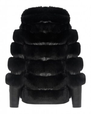 Czarne futro naturalne z efektownymi, puszystymi paskami i skórzanymi rękawami, elegancki krój i stylowy wygląd