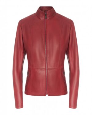 Kurtka skórzana damska w czerwonym kolorze, z zamkiem, prostym krojem i stójką, idealna na zimowe dni