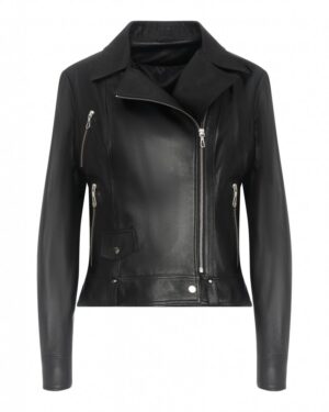 Kurtka skórzana damska czarna z klasycznym kołnierzem i metalowymi zamkami na kieszeniach