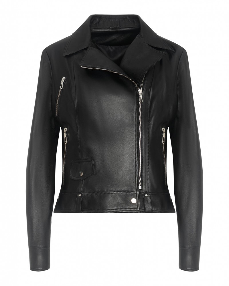 Kurtka skórzana damska czarna z klasycznym kołnierzem i metalowymi zamkami na kieszeniach