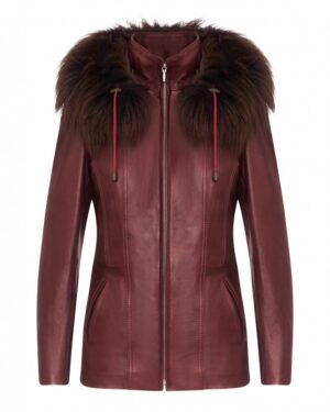 Kurtka skórzana damska w kolorze burgundowym z futrzanym kołnierzem i zapięciem na suwak